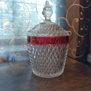 INDIANA GLASS Vintage Diamond Point Red/Clear ICE BUCKET & COVER
